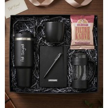 Kişiye Özel 900ML. Siyah Büyük Termos & French Press & Kupa & Defter & Kalem & Filtre Kahve Hediye Seti