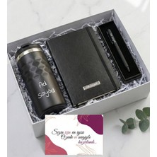 Kişiye Özel Geometrik Termos 300ML. & Siyah Defter & Roller Kalem Premium Ofis Hediye Seti