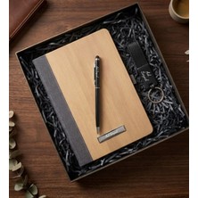 Kişiye Özel Siyah Touchpen & Bambu Defter & Siyah Anahtarlık Hediye Seti