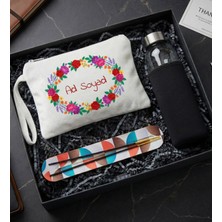 Kişiye Özel Baskılı Ipek Makyaj Çantası & Tütsü & Kılıflı Cam Matara Hediye Seti