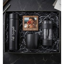 Kişiye Özel 450ML Dereceli Termos & Ahşap Çerçeve & French Press & Siyah Kupa Hediye Seti