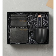 Kişiye Özel Siyah USB Çakmak & Erkek Cüzdan & Kartlık & Siyah Kupa Erkeğe Hediye Seti