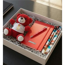 Kişiye Özel Kırmızı Peluş Ayıcık & Kırmızı Defter & Kırmızı Kalem & Tütsü Hediye Seti
