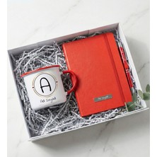 Kişiye Özel Kırmızı Enamel Kupa & Kırmızı Defter & Kırmızı Kalem Ofis Hediye Seti