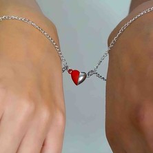 Bontexs Kırmızı ve Gümüş Renk Detaylı Mıknatıslı Kalp Unisex Çift Bilekliği