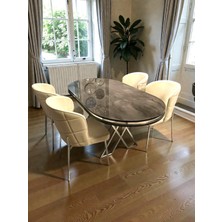 Msy Home  Serya Ironi Oval Masa Krom Ayak Yönsüz Kumaş Modern ve Şık Yemek Odası Takımı