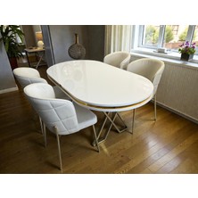 Msy Home  Serya Beyaz Oval Masa Gold Ayak Yönsüz Kumaş Modern ve Şık Yemek Odası Takımı
