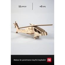 Reboo Ahşap Helikopter 3D Puzzle Boyama Seti – 11 Parça, 6’lı Boya ve Fırça Dahil Eğitici Aktivite Oyuncağı