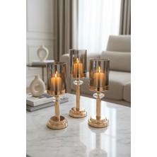 Furkan Metal Kristal Taşlı Büyük Camlı Gold Mumluk Şamdanlık