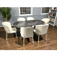 Msy Home  Berya Ironi Oval Masa Krom Ayak Yönsüz Kumaş Modern ve Şık Yemek Odası Takımı