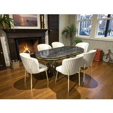 Msy Home Berya Ironi Oval Masa Gold Ayak Yönsüz Kumaş Modern ve Şık Yemek Odası Takımı