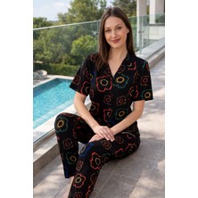 Remsa Kadın Desenli Kısa Kol Likralı Viskon Pijama Takımı 0134 SIYAH02