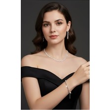 Klc Takı Kadın Gümüş Renk Model Su Yolu Zirkon Taşlı Kolye Küpe Bileklik Seti