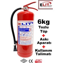 Elit Yangın Söndürme Tüpü 6 kg Tozlu 4 Yıllık Ruhsata Uygun (Askı Aparatı ve Levha Dahil)