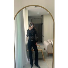 Butik Kadın Siyah Yarı Balıkçı Yaka  Dantel Bluz