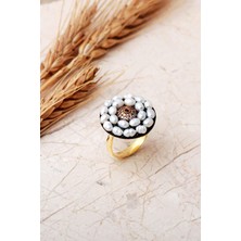 Sümer Telkari Nazar Boncuklu Incili Altın Yaldızlı 925 Ayar Gümüş Ayarlanabilir Yüzük 6011