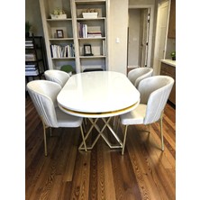 Msy Home Berya Beyaz Oval Masa Gold Ayak Yönsüz Kumaş Modern ve Şık Yemek Odası Takımı