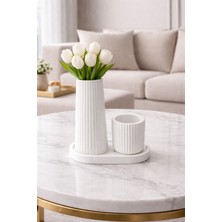 Nox Atelier Ikili Modern Silindir Ribbed Dekoratif Vazo - Mini Vazo - Tabak