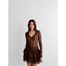 Cemo Kadın Uzun Kollu Dantel V Yaka Bluz