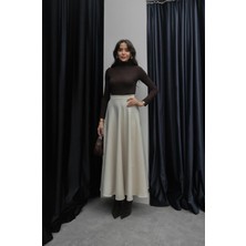 Havoş Bej Evaze Kesim Yüksek Bel Etek