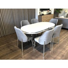 Msy Home Monaco Stil Krom Çizgili Yönsüz Kumaş Beyaz Oval Masa Modern Yemek Odası Seti