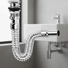 Bilfold Krom Basmalı Sifon -Körüklü Sifon Bas Stoplu Lavabo Mutfak Sifonu-Paslanmaz
