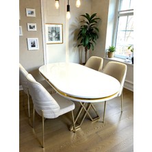Msy Home  Monaco Stil Gold Çizgili Yönsüz Kumaş Beyaz Oval Masa Modern Yemek Odası Seti