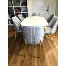 Msy Home  Monaco Stil Gold Çizgili Yönsüz Kumaş Beyaz Oval Masa Modern Yemek Odası Seti