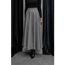 Havoş Gri Evaze Kesim Yüksek Bel Etek