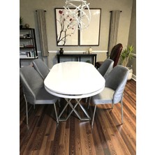 Msy Home Monaco Stil Krom Çizgili Yönsüz Kumaş Beyaz Oval Masa Modern Yemek Odası Seti