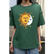 Amor Face Büyük Beden Özel Tasarım Güneş-Ay Baskılı %100 Pamuk Yeni Trend Battal Kadın T-Shırt