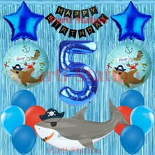 Parti Station Korsan Köpekbalığı Temalı 5 Yaş Doğum Günü Balon Seti & Happy Birthday Banner & Perdeli Set