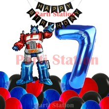 Parti Station Transformers Optimus Prime 7 Yaş Doğum Günü Balon Seti Folyo Rakam Balon, Happy Birthday Banner