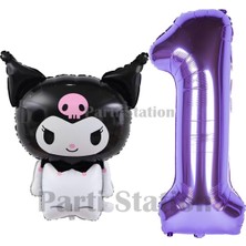 Parti Station Sanrio Siyah Kuromi Konsept Folyo Balon ve 1 Yaş Mor Folyo Rakam Balon Seti