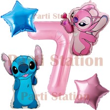 Parti Station Lilo Stitch ve Angel 7 Yaş Pembe Rakam ve Yıldız Folyo Balon Doğum Günü Parti Seti