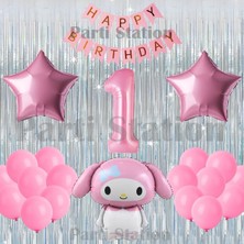 Parti Station Kuromi My Melody Konsept 1 Yaş Doğum Günü Balon Seti Pembe Rakam Balonlu