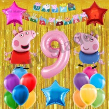 Parti Station Peppa Pig Konsept 9 Yaş Doğum Günü Balon Set Pembe Domuz Peppa Pig ve George Tema Gold Doğum Günü