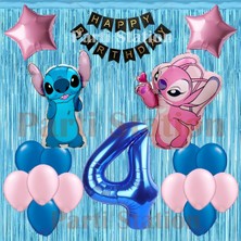 Parti Station Lilo Stitch Balon ve Angel 4 Yaş Doğum Günü Parti Seti Lacivert Rakam ve Dekor Perdeli Balon Seti