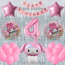 Parti Station Kuromi My Melody Konsept 4 Yaş Doğum Günü Balon Seti Perdeli ve Pembe Rakam Balonlu