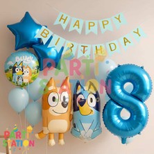 Parti Station Bluey ve Chilli Temalı 8 Yaş Folyo Balon Seti – Rakam Balonlu ve Happy Birthday Bannerlı