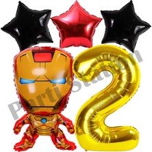 Parti Station Avengers Iron Man Konsept 2 Yaş Gold Rakam Balon Set Demir Adam Konsept Doğum Günü Balon Set