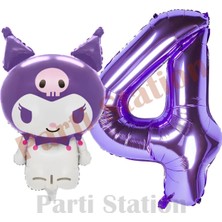Parti Station Sanrio Mor Kuromi Konsept Folyo Balon ve 4 Yaş Mor Folyo Rakam Balon Seti
