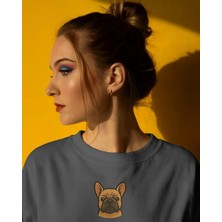 Muhtar Store French Bulldog Baskılı Kadın Sweatshirt – Minimal Göğüs Ortası Baskı Antrasit Regular Fit