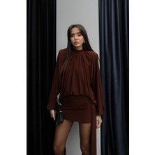 Havoş Kahverengi Candy Vatkalı Bluz Etek Takım