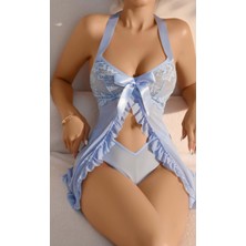 Kiss Me Kadın Bebe Mavisi Tül Dantel Detaylı Önden Yırtmaçlı Fantezi Gecelik