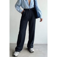 Hersteller Kadın Lacivert Bol Kesim Palazzo Pantolon Yüksek Bel Pileli Kumaş Pantolon