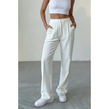 Hersteller Kadın Beyaz Bol Kesim Palazzo Pantolon Yüksek Bel Pileli Kumaş Pantolon