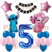 Parti Station Lilo Stitch Balon ve Angel 5 Yaş Doğum Günü Parti Balon Seti Lacivert Rakam ve Happy Birthday Banner