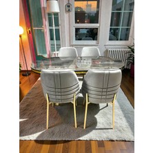 Msy Home 6 Kişilik Monaco Stil Gold/krom Çizgili Gri Yönsüz Kumaş Ironi Oval Masa Modern Yemek Odası Seti
