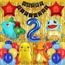 Parti Station Pokemon Konsept 2 Yaş Doğum Günü Perdeli Balon Set Pokemon Pikachu Bulbasaur Charmander Squirtle